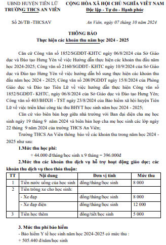 Thông báo thực hiện các khoản thu năm học 2024-2025 của trường THCS An Viên